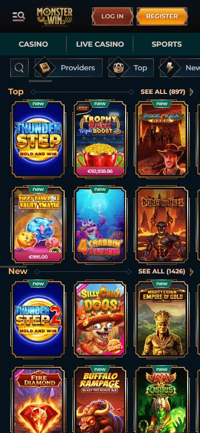 Monsterwin Casino games interface on a mobile browser