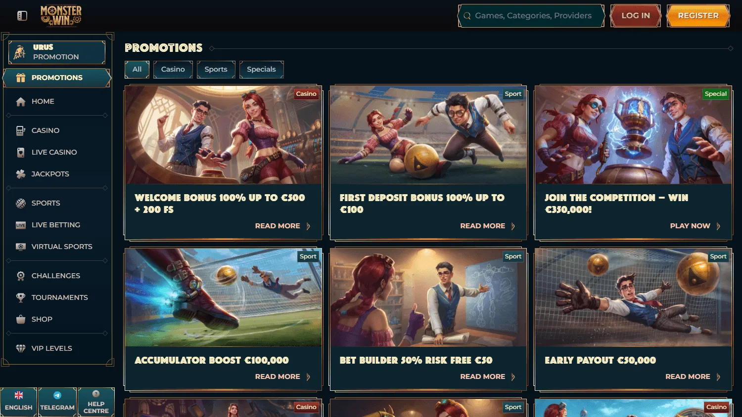 Monsterwin Casino promotions interface on desktop