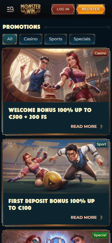 Monsterwin Casino promotions interface on a mobile browser