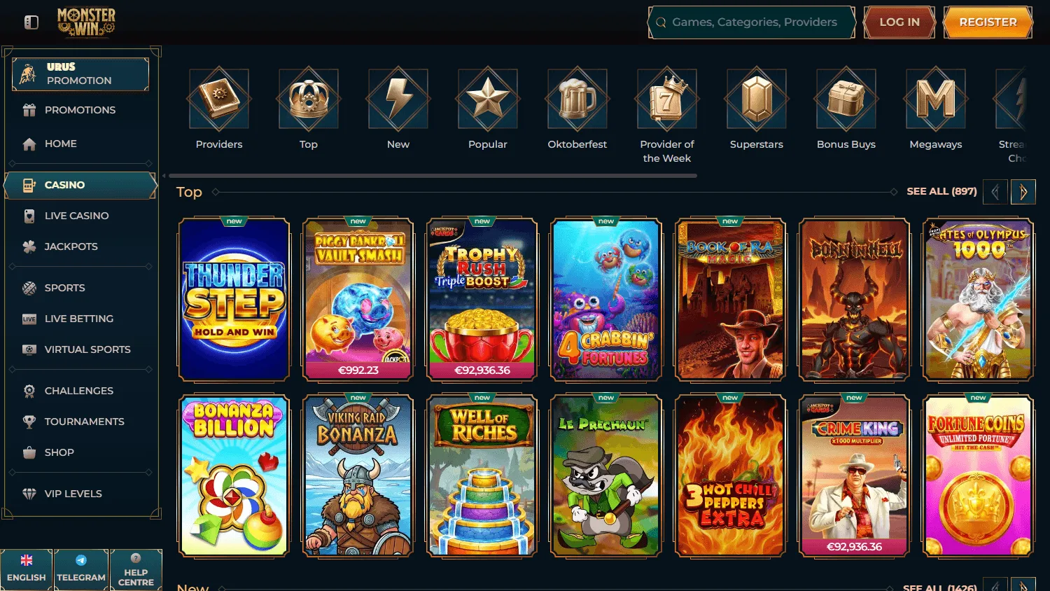 Monsterwin Casino games interface on desktop