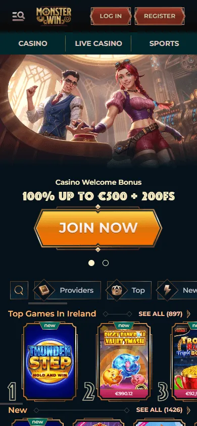 Monsterwin Casino home interface on a mobile browser