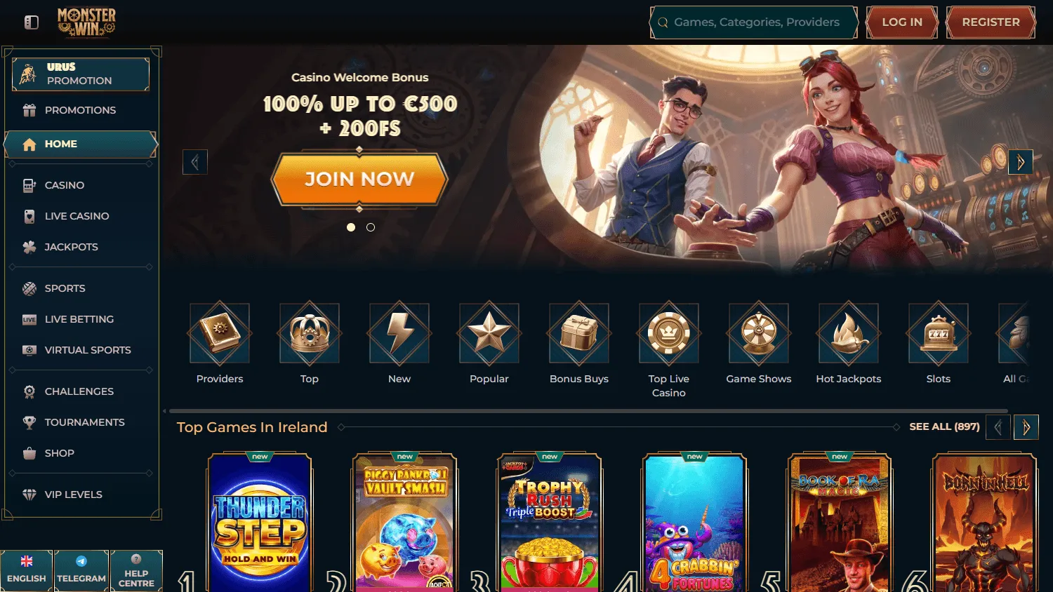 Monsterwin Casino home interface on desktop